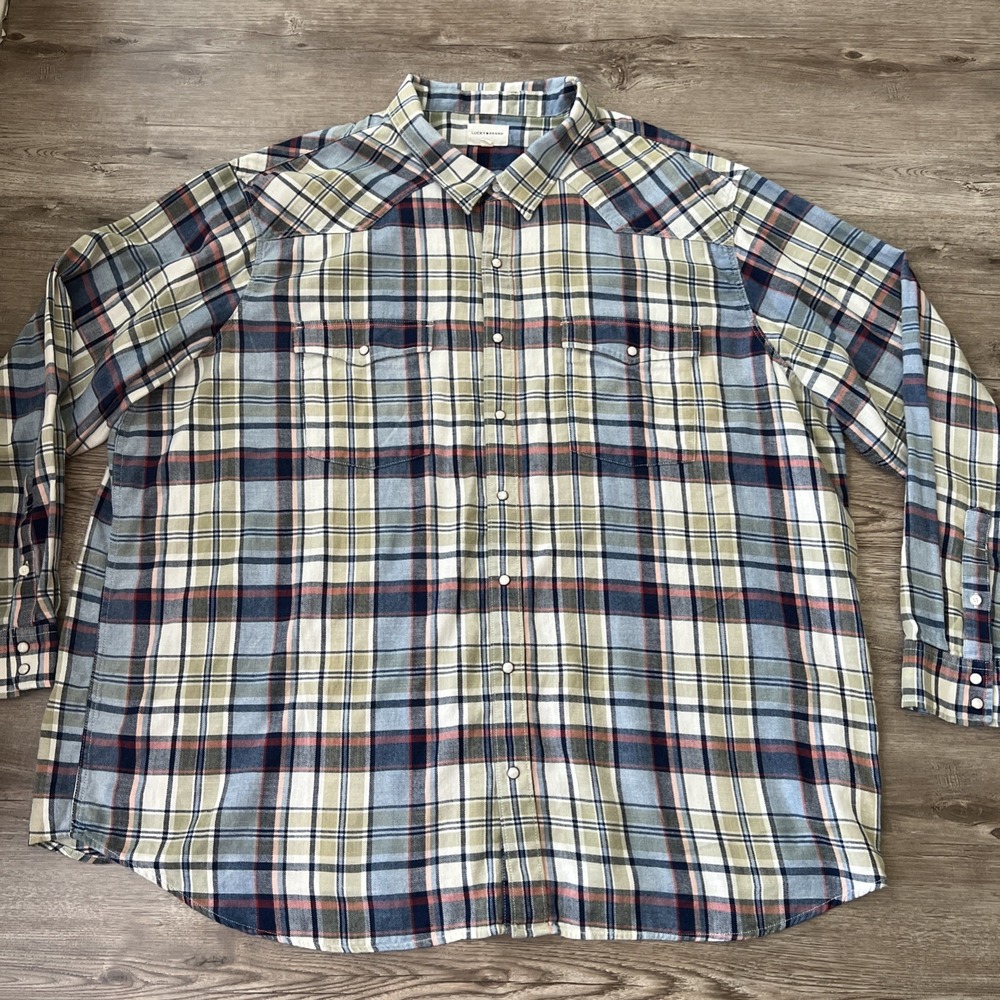 Lucky Brand Long Sleeve Indigo Western Shirt Snap Button Plaid Mens Big 4XL